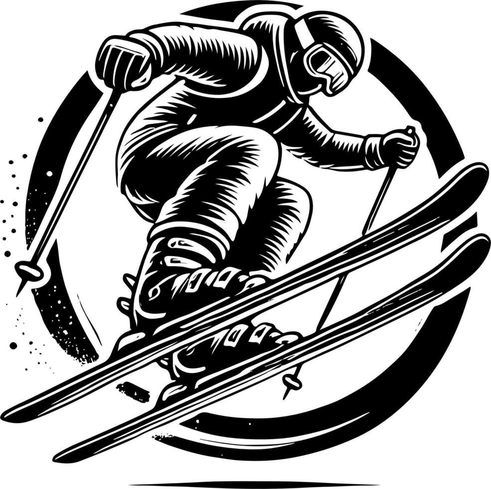 A Skier Silhouette Mid Jump, Black And White Ski Silhouette vector