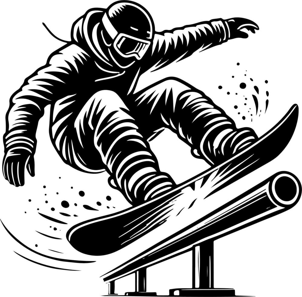 Snowboarder Grinding On A Rail, Black And White Snowboard Silhouette vector