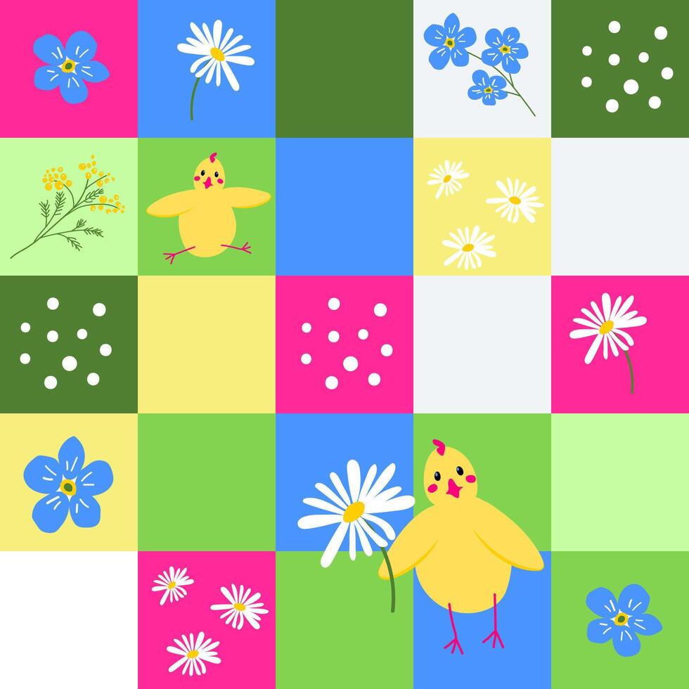 Bright patchwork pattern with cute chicken, flowers, spring quilt seamless background, vector