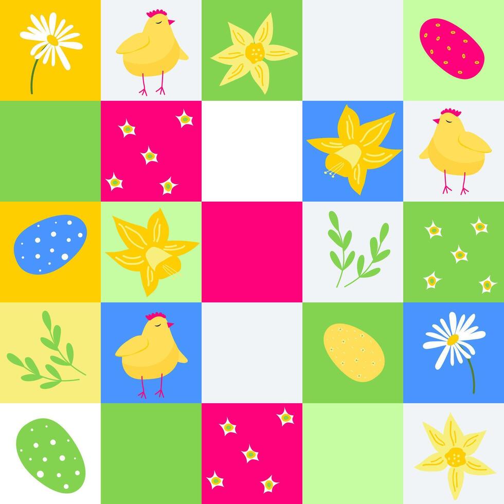 Spring quilt seamless background. Bright patchwork pattern with cute chicken, flowers. vector