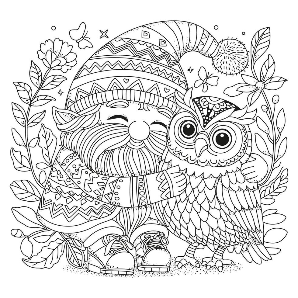Cute kind forest gnome hugs an owl. Coloring page for children and adults. Black and white illustration for coloring. vector