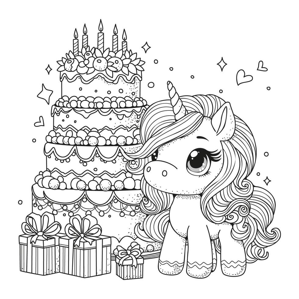 Cute unicorn stands next to a huge birthday cake. Coloring page for children and adults. Art therapy. vector