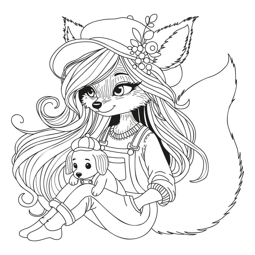 Cute puppy in a cap sits on the lap of a beautiful fashionable fox. Coloring page for children and adults. Art therapy. vector