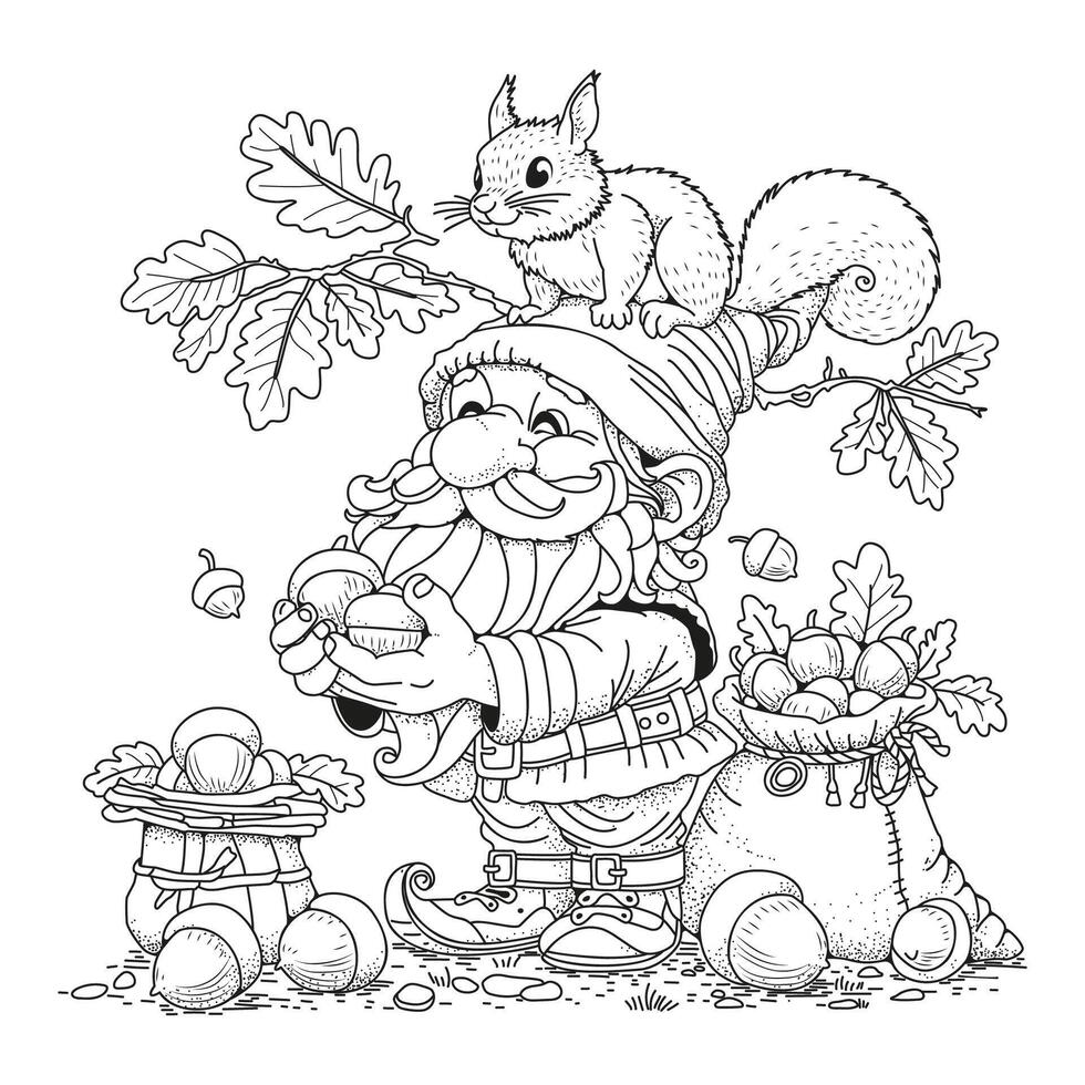 Squirrel sits on the head of a gnome holding acorns in his hands. Coloring page for children and adults. Art therapy. vector