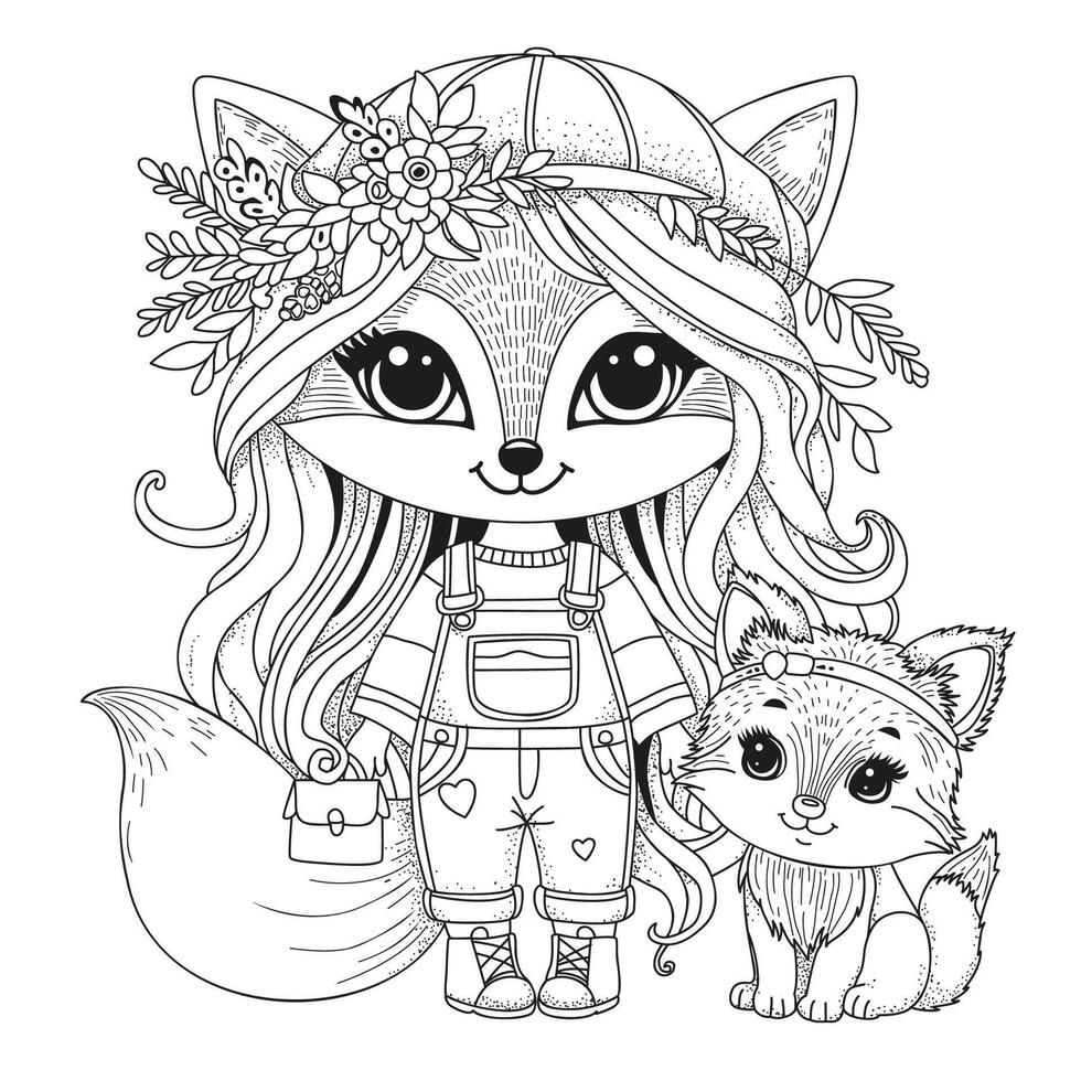 Cute fashionable fox with a cap and denim overalls next to a little fox. Coloring page for children and adults. Art therapy. vector