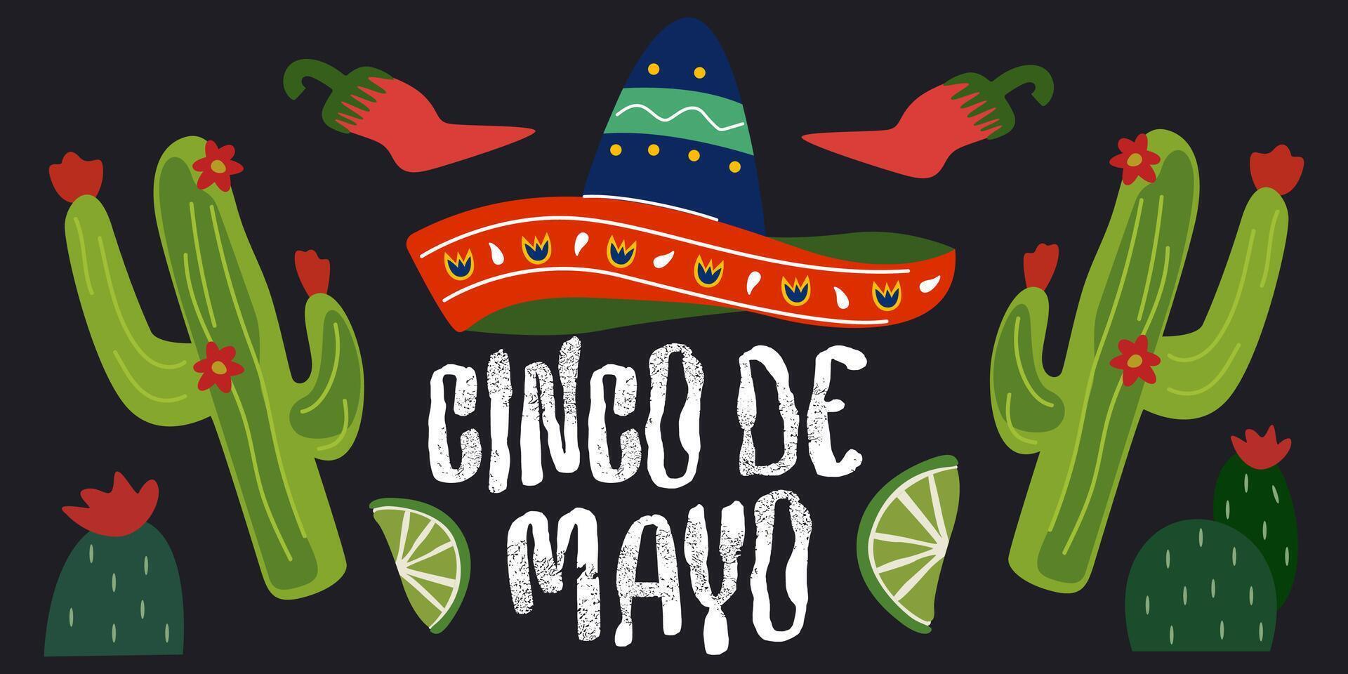 Cinco de Mayo cartoon banner design with cacti, chili peppers, lime and traditional sombrero vector