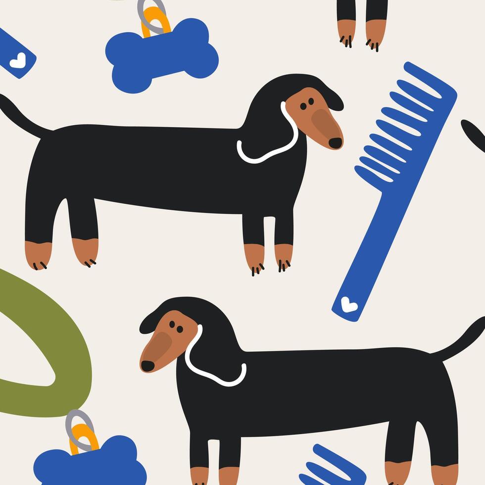 Retro pattern with cute cartoon dachshund dogs. For decor textile vector
