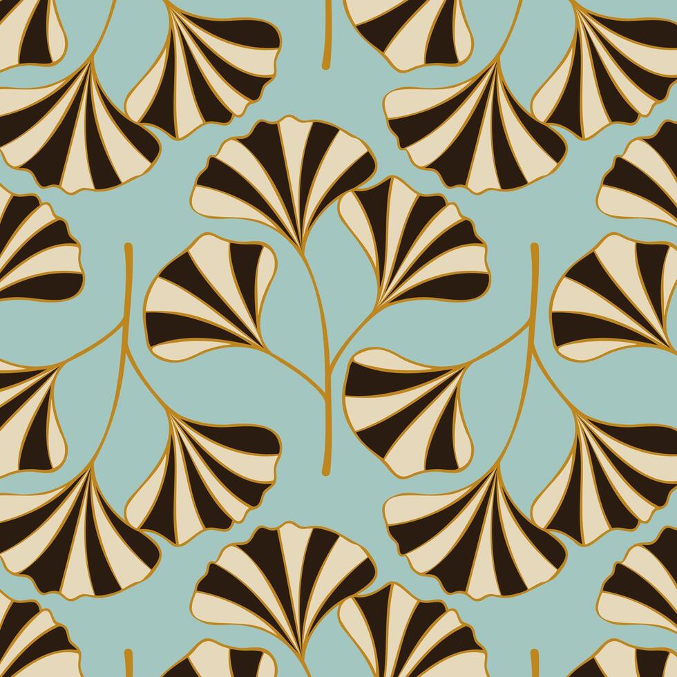 Ginkgo biloba pattern, leaves silhouette gold, dark and beige colors. On pastel green background. vector