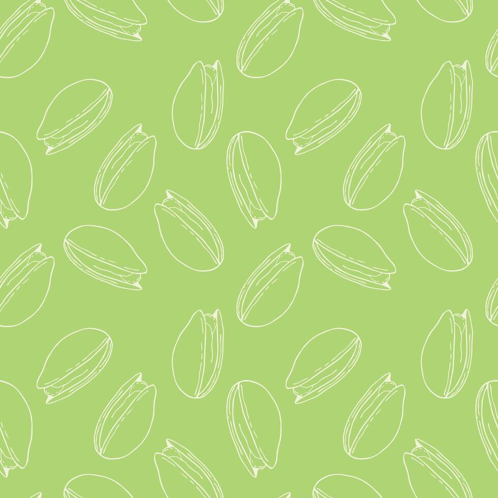 Pistachio nut pattern, white outline nuts on bright green background, hand drawn doodle style sketch. Vegan, healthy eating. vector