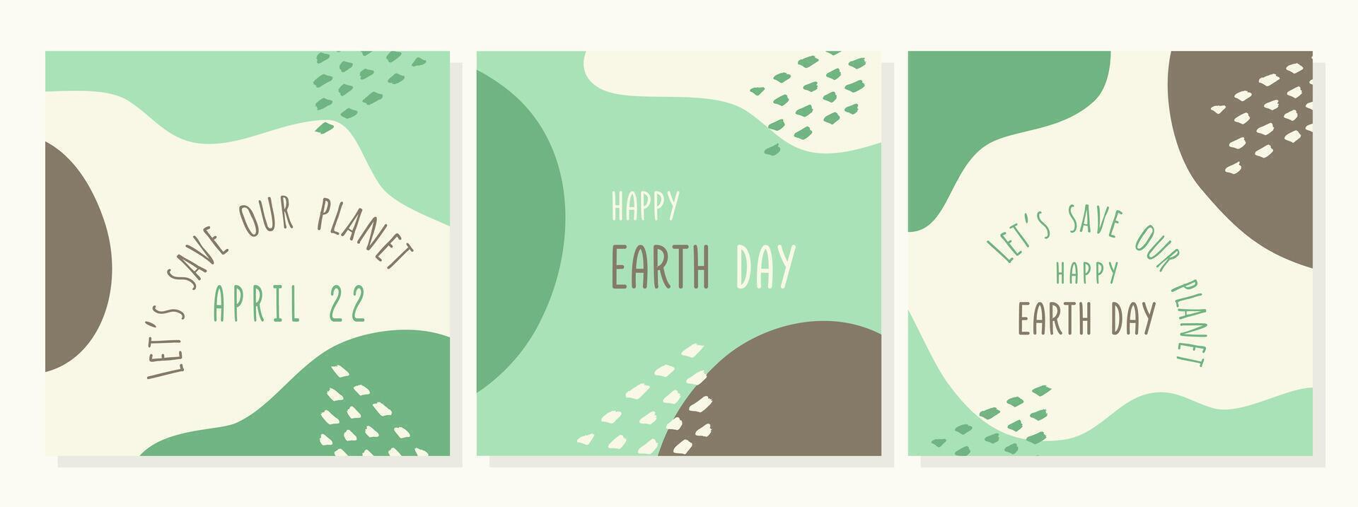Posters celebrating Earth Day with inspiring texts, displayed in an artistic layout featuring earthy and green color schemes with abstract decorative elements. vector