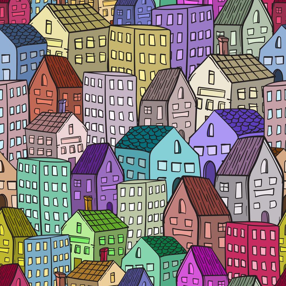 Seamless pattern of a city skyline filled with houses and buildings vector