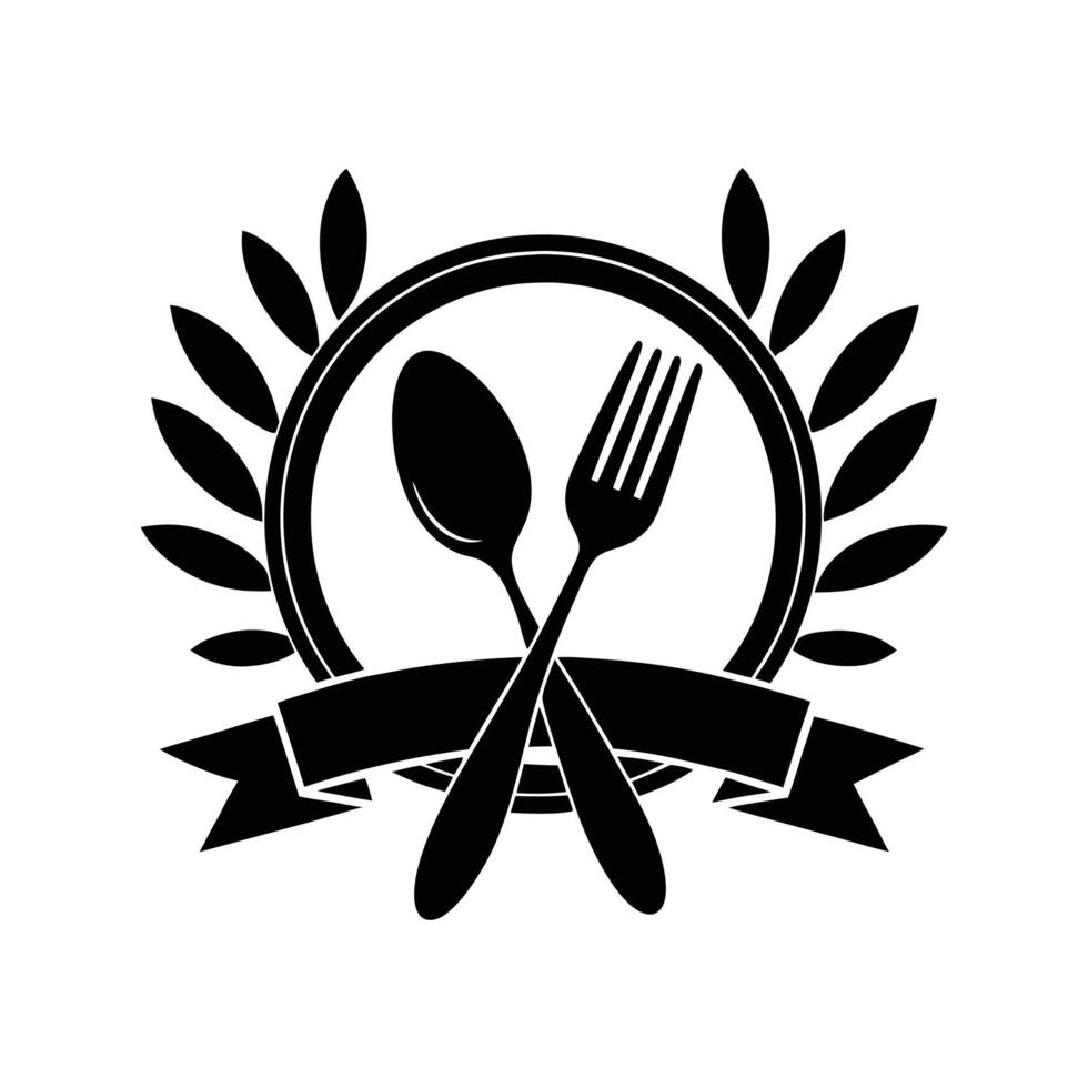 Elegant Vintage Restaurant Logo with Fork and Spoon, Wreath, and Ribbon for Culinary, Food, and Dining vector