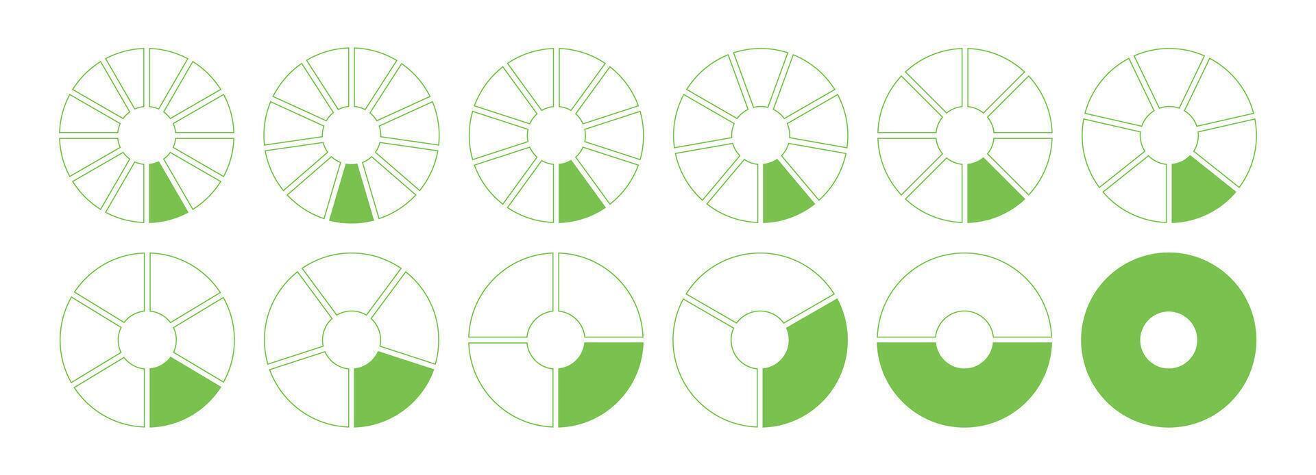 Donut charts, pies segmented on from 1 to 12 equal parts. Diagrams infographic. Circle section minimal graph. Green wheels divided in sections. Pizza chart round icons mockup. Coaching blank template. vector