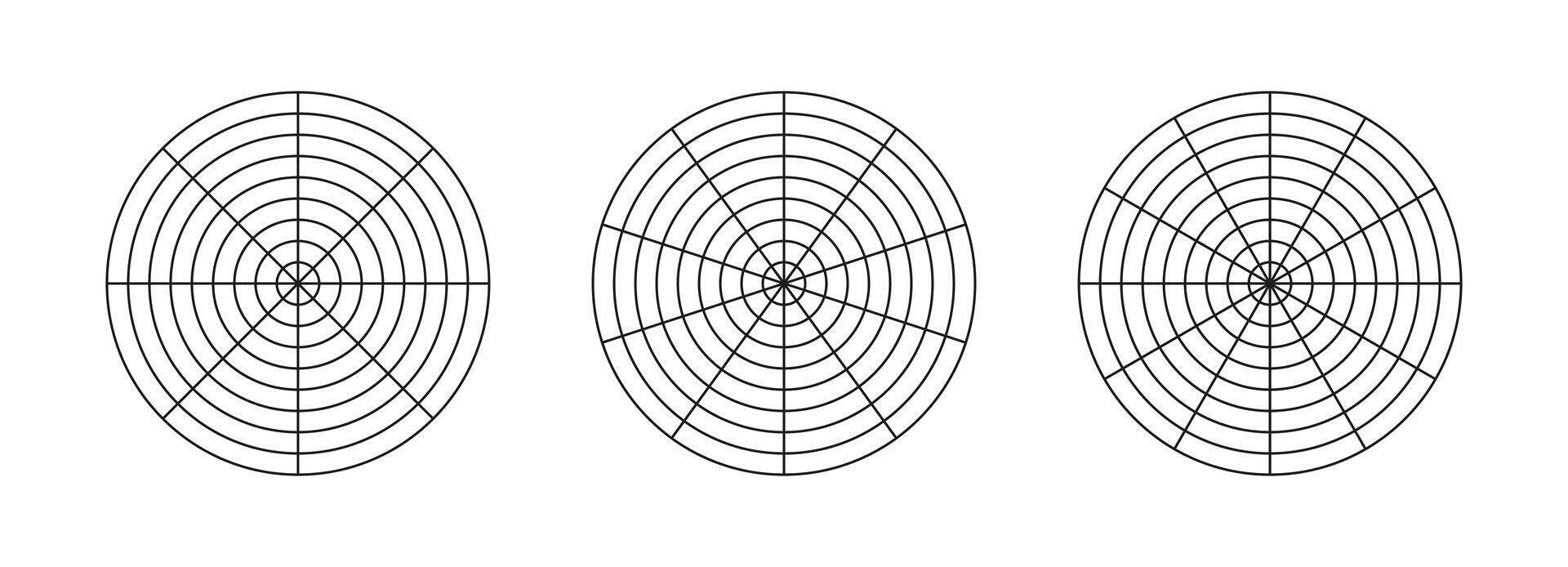 Set of wheel of life. Coaching tool for visualising all areas of life. Circle diagram, life style balance. Black polar grid with 8, 10, 12 segments and 8 concentric circles. Blank of polar graph paper vector