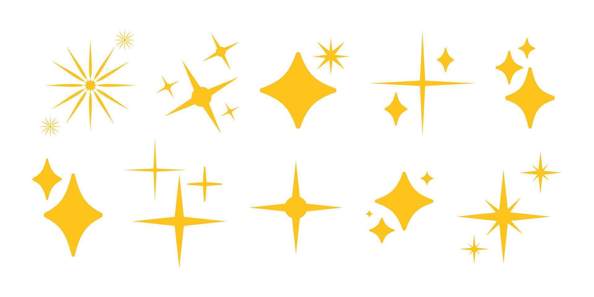 Set of gold sparkle stars. Twinkle stars minimal collection. Stars yellow icons. Blinking stars, sparks and sparkles. Shining twinkle sunburst shapes. Magic light flare pack for design. Glint glitter. vector