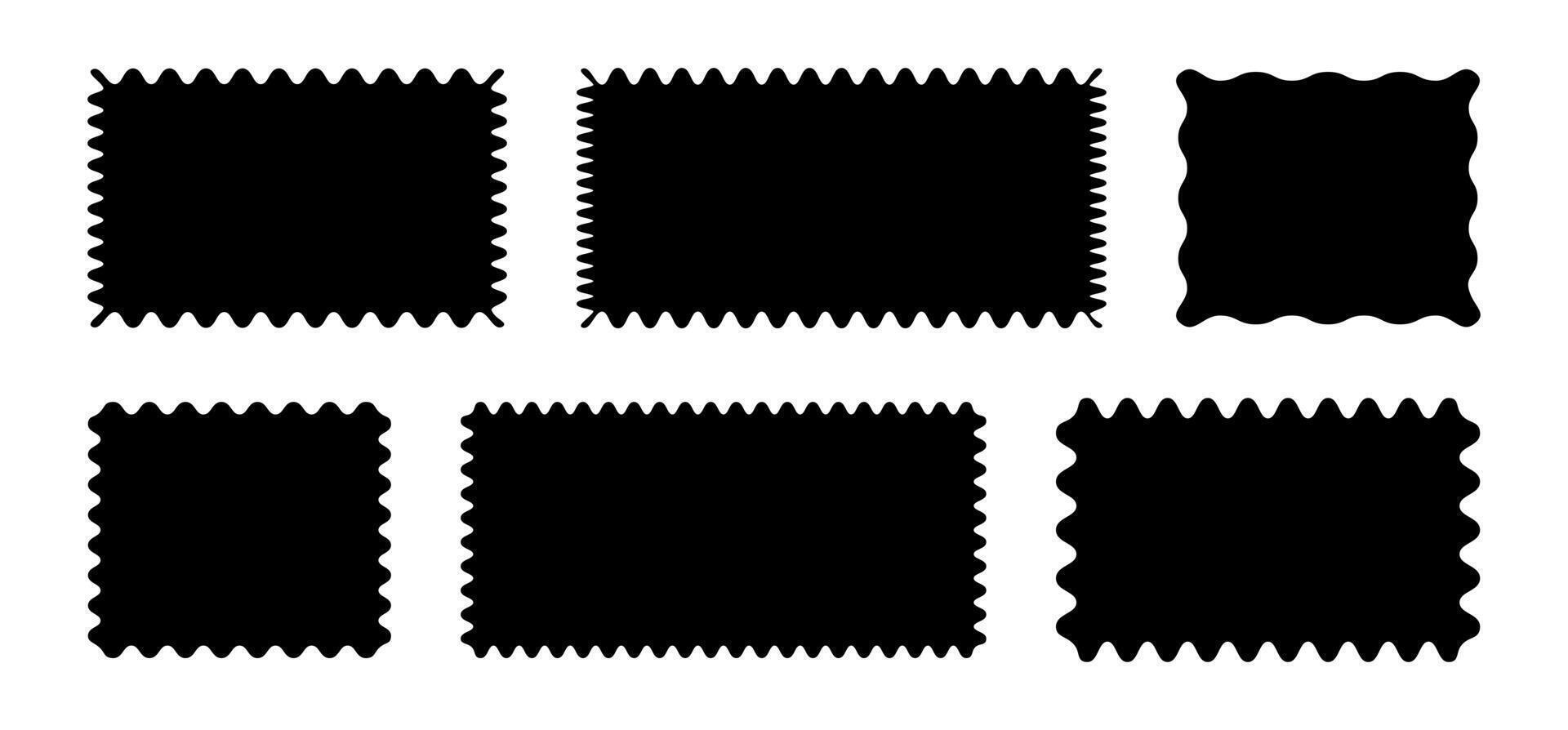 Rectangular flat shapes patterns with squiggly borders set. Doodle wave curve edge frames mockup. Minimalist tag, empty text box, label, stamp, cracker, coupon with curvy, squiggly, wiggly, wavy edges vector