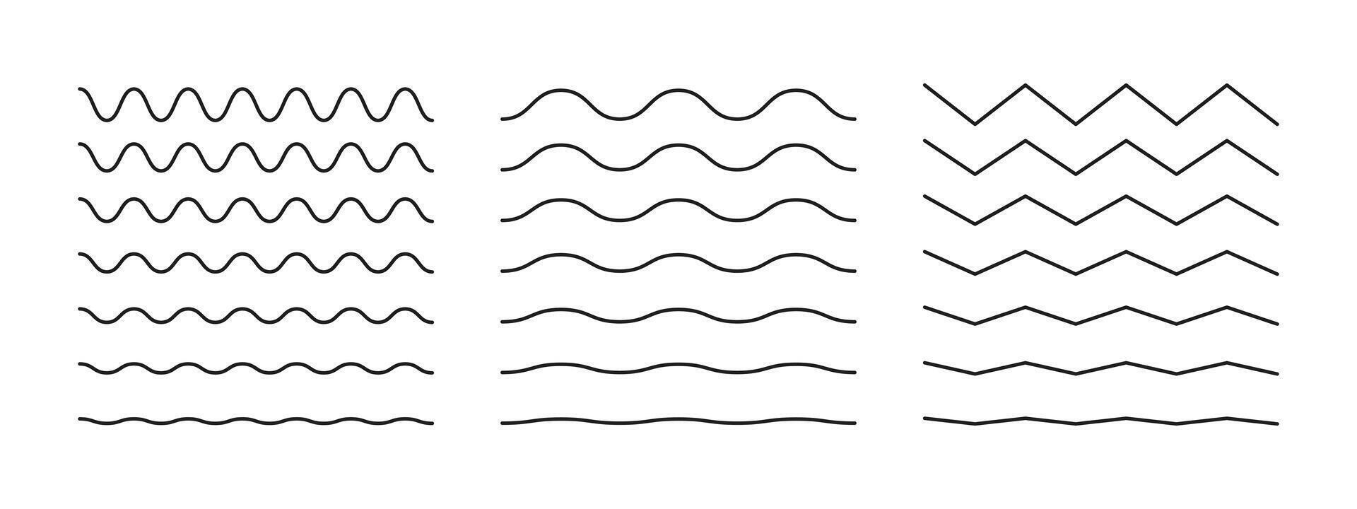 Wavy, curvy lines template. Simple undulate borders, transverse horizontal lines. Sine, fluid, air, wind signs pattern. Water, river, lake, sea, ocean symbol mockup. Outline minimalist black graphic. vector