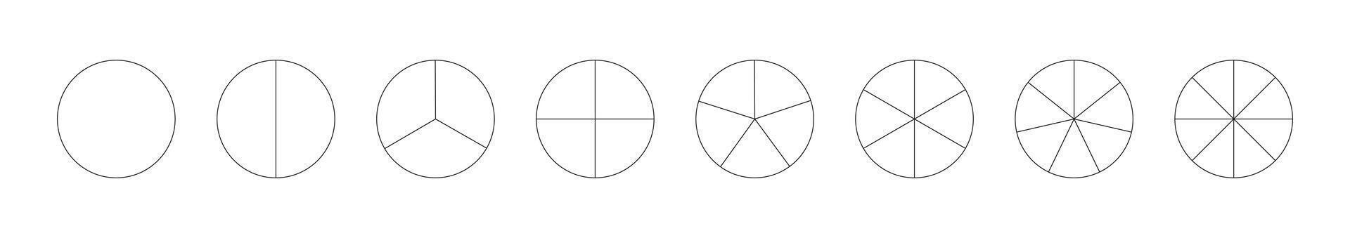 Circle division on from 1 to 8 equal parts. Round divided diagrams, from one to eight segments. Infographic set. Coaching blank pattern. Outline graphics. Pizza, pie charts. Segmented pinwheel black. vector