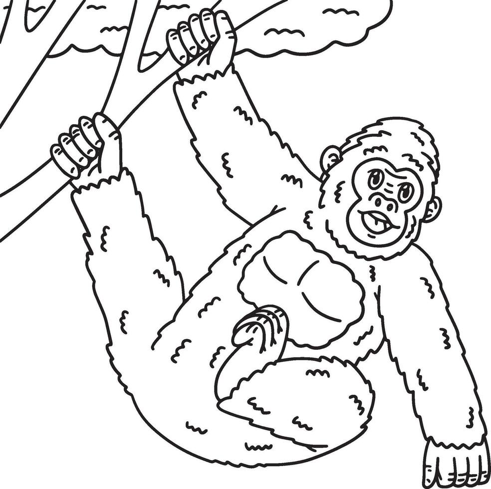 Gorilla Hanging from Branch Isolated Coloring Page vector