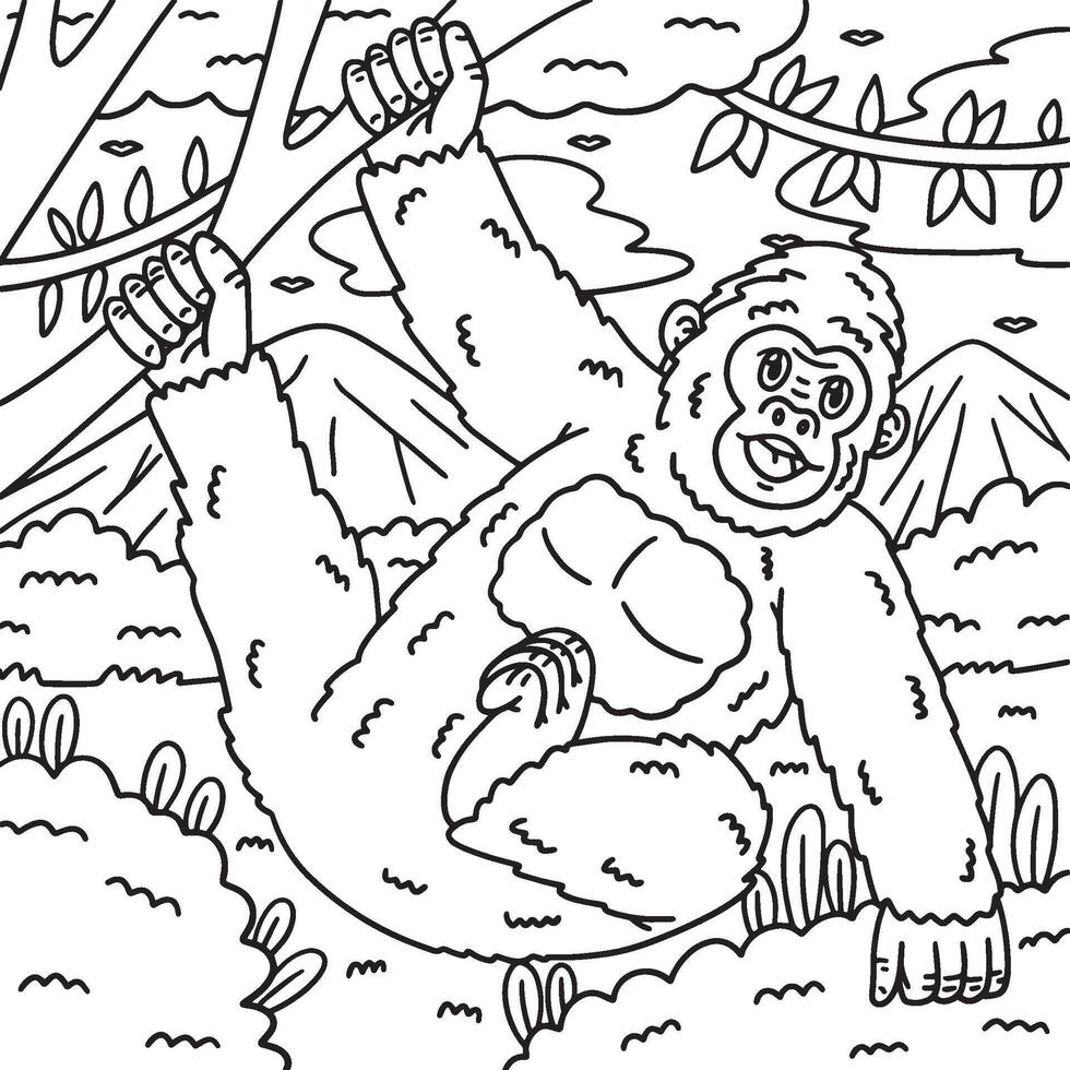 Gorilla Hanging from Branch Coloring Page for Kids vector