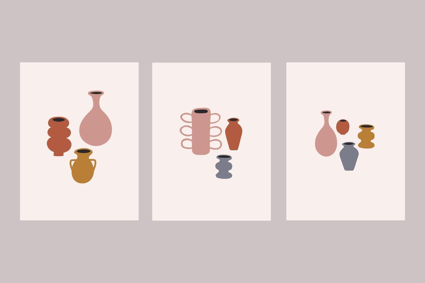 Posters with ceramic vases and pots. Hand drawn cards with various moulded clay jugs for interior wall decoration and flyers sculpting studios. Design backgrounds for paper. Hobby and crockery vector