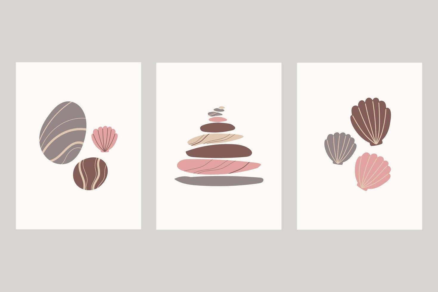 Posters with sea pebbles, shells, stones pyramid. Hand drawn backgrounds with beach motif for printing, paper, logo, template, flyer, web, wallpaper. Design summer cards. Nature and vacation vector