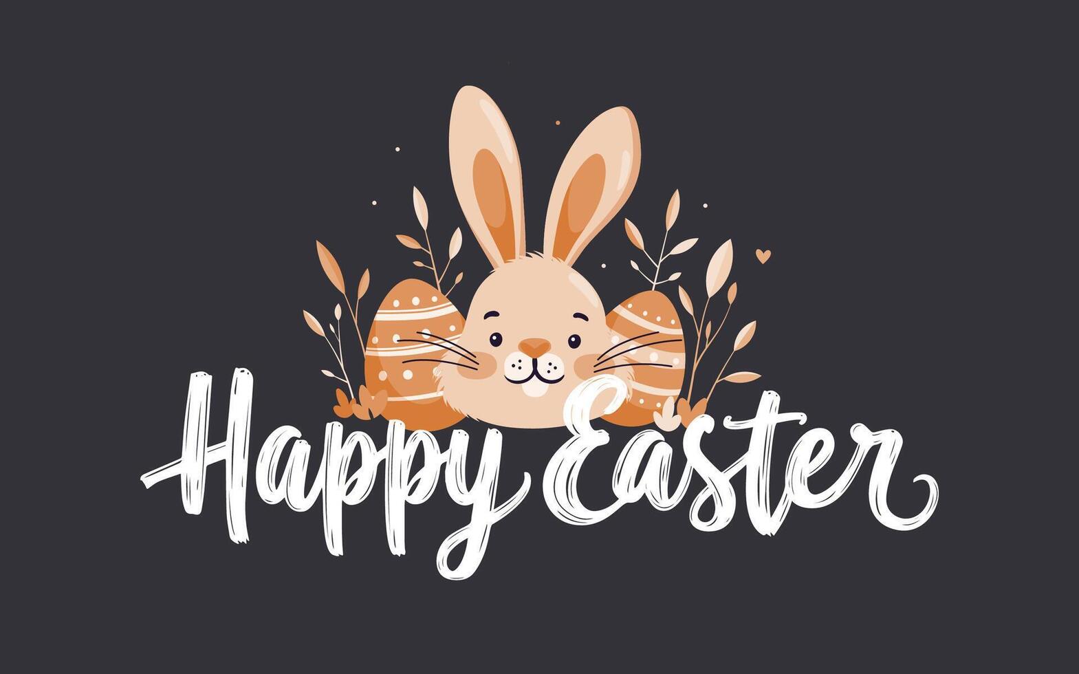 Cute Easter bunny with eggs and festive lettering on dark background vector