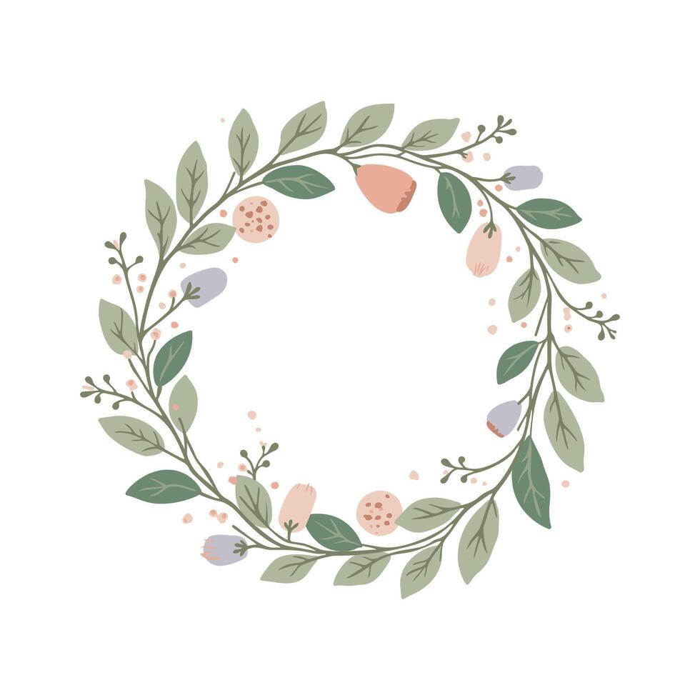 Elegant hand-drawn floral wreath with pastel leaves and flowers for wedding invitations, greeting cards, and seasonal designs vector