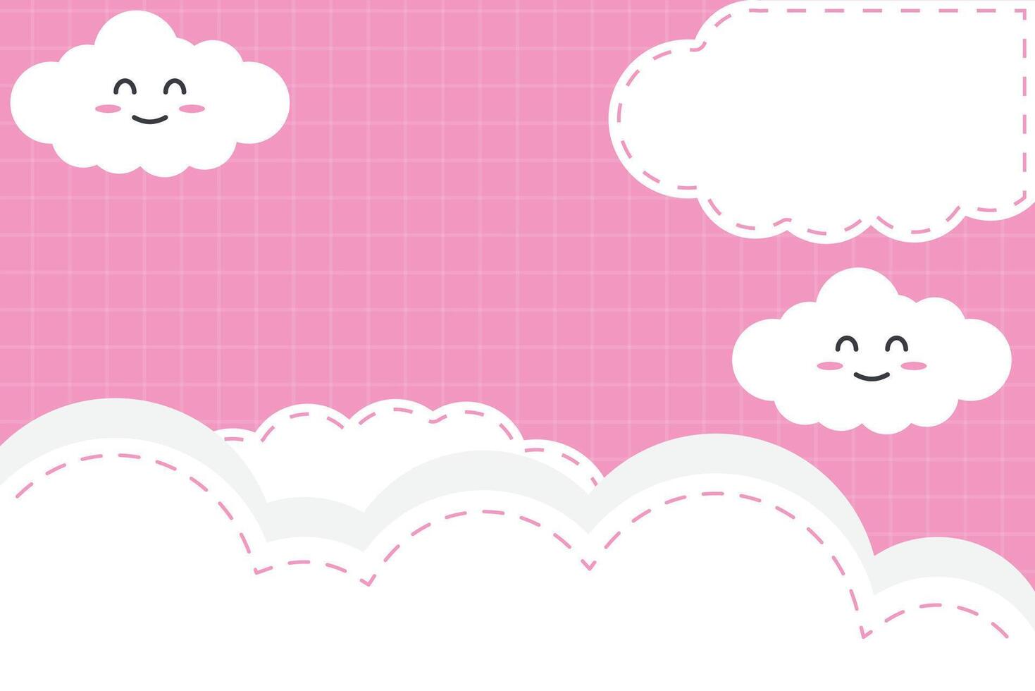 Adorable Kawaii Cloud Background. Cute Pink Sky with Happy Cartoon Clouds for Kids and Digital Design vector