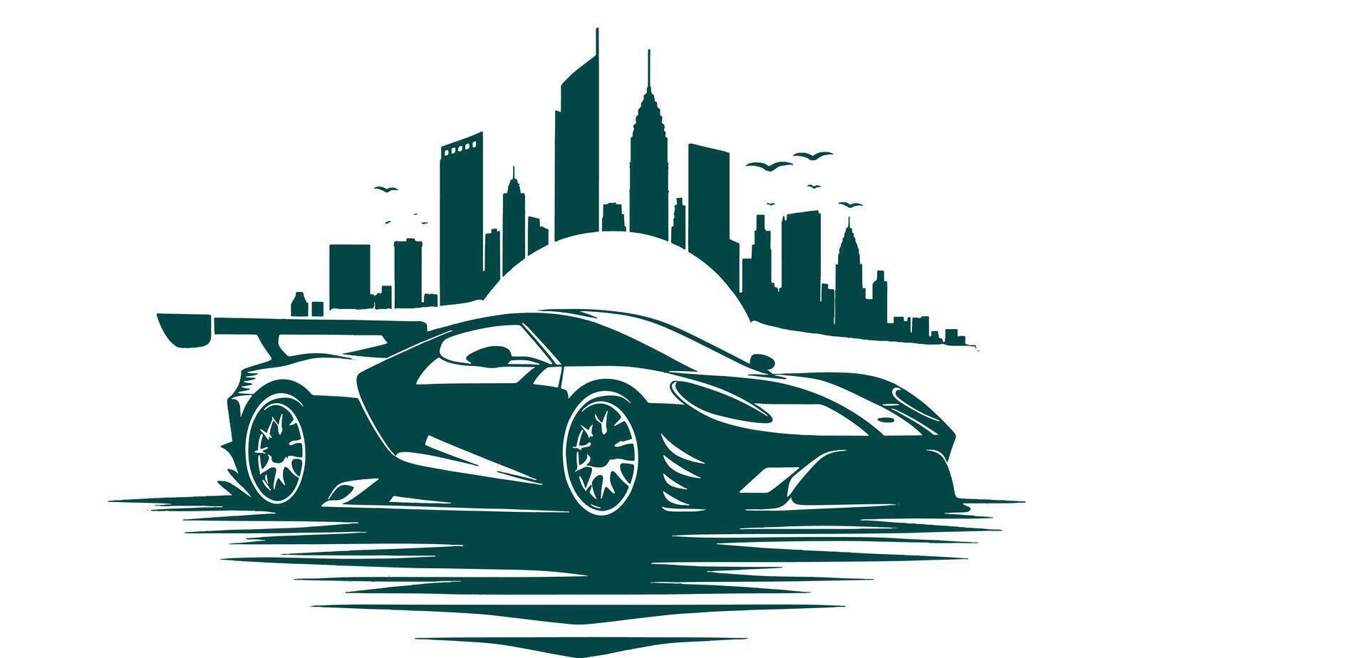 A racing car in front of a city skyline on white. vector