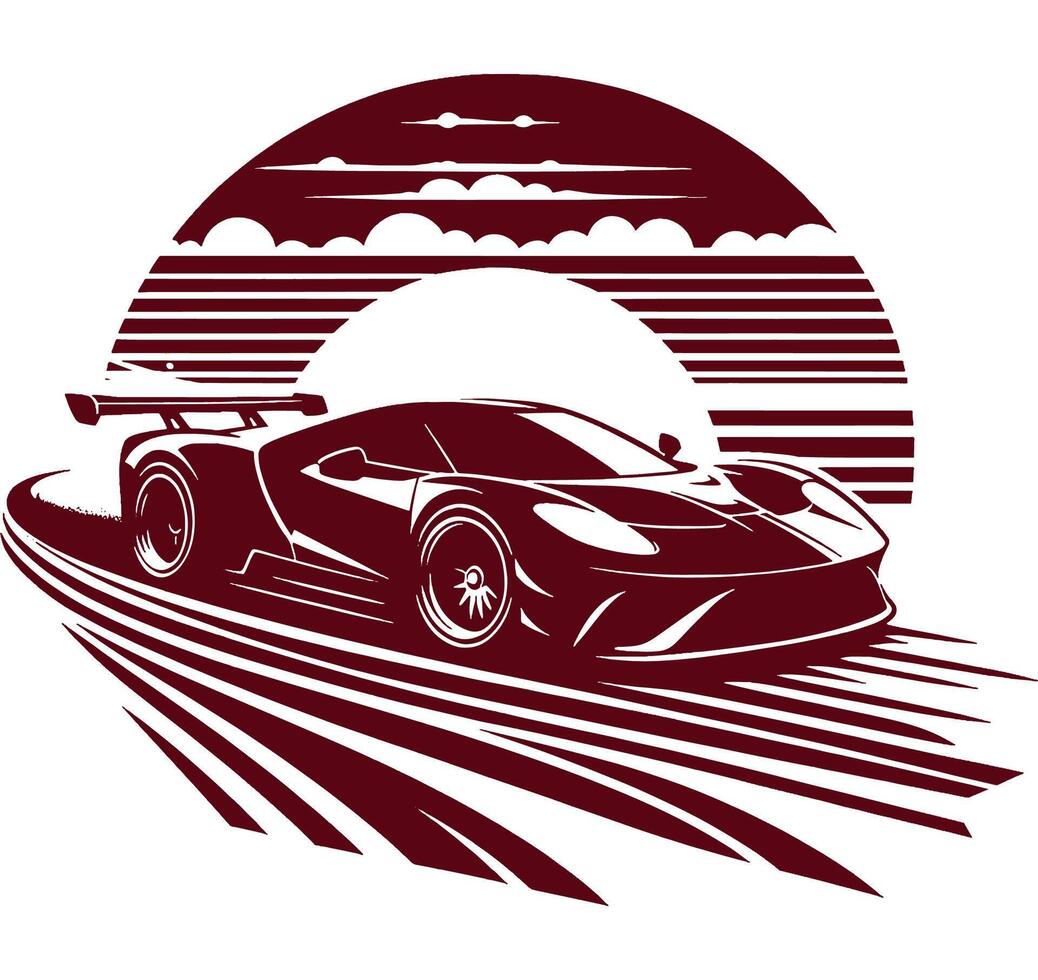 A racing car illustration on the road with the sun in the background vector