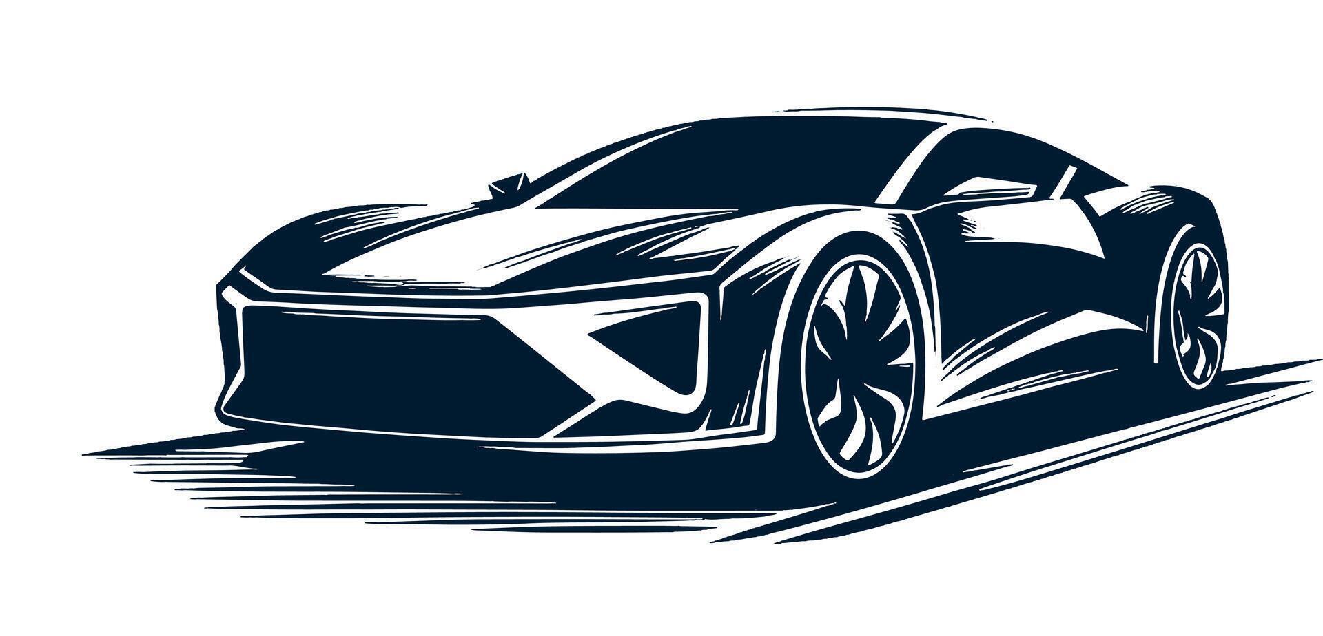 A black and white drawing of a sports car on a white background. vector
