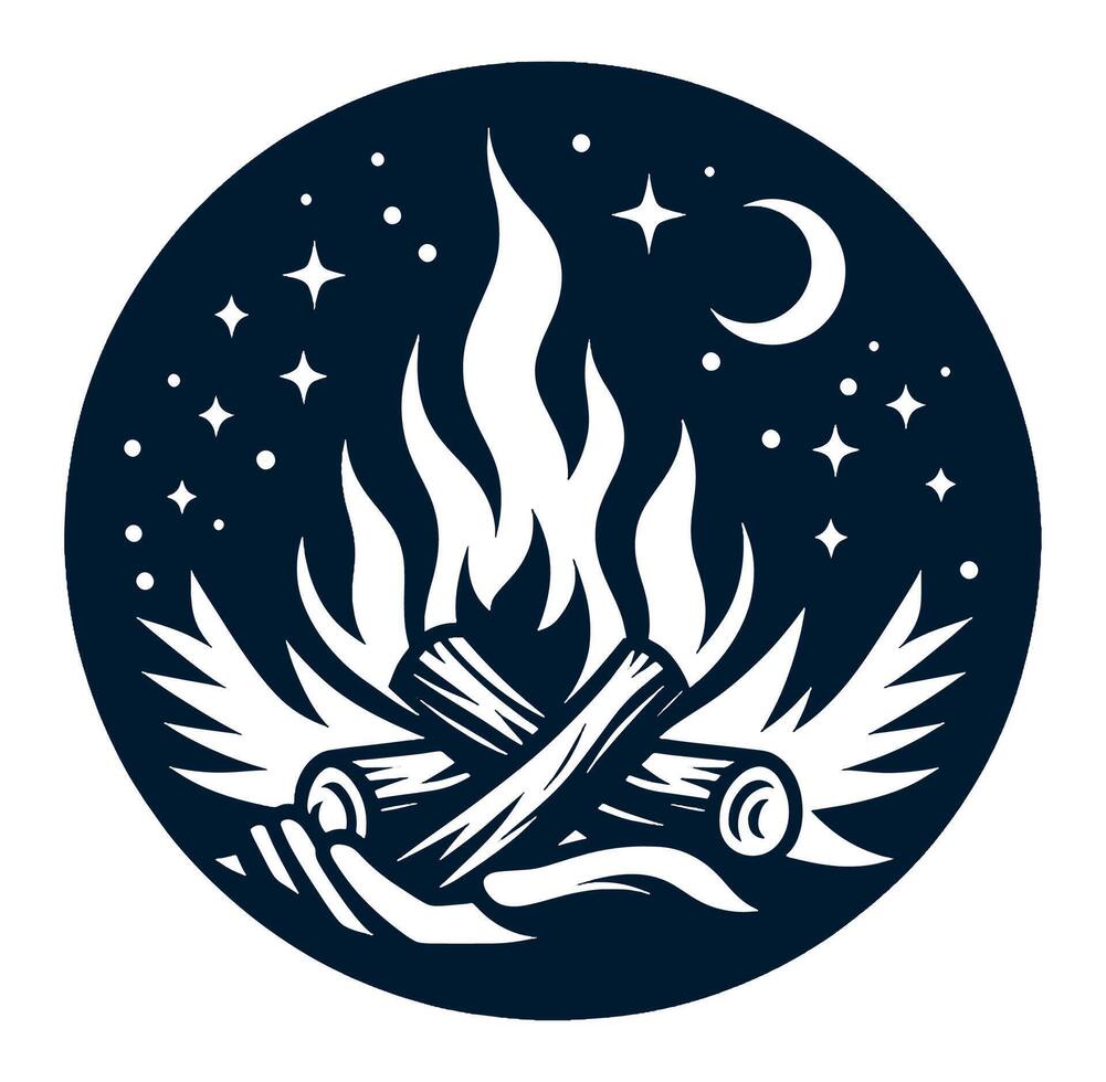 Campfire with logs and moon in the night sky vector