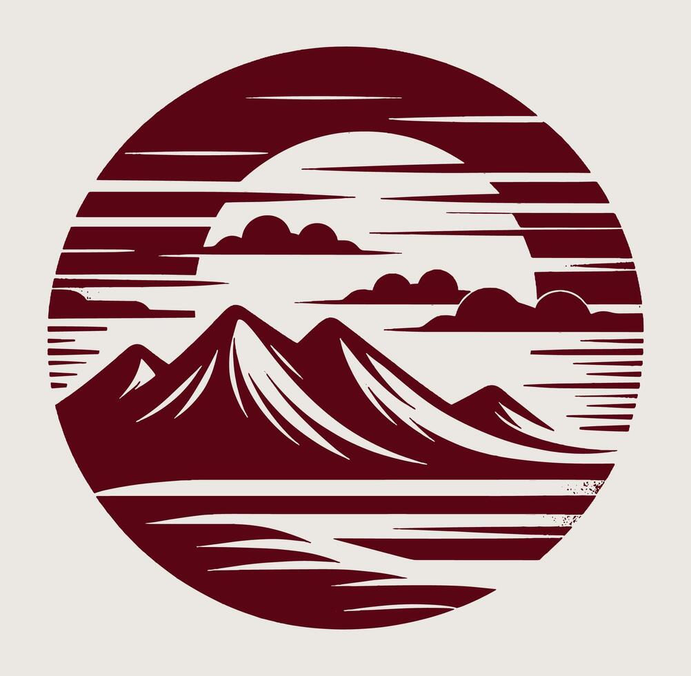 A mountain landscape with a sun and clouds on grey. vector