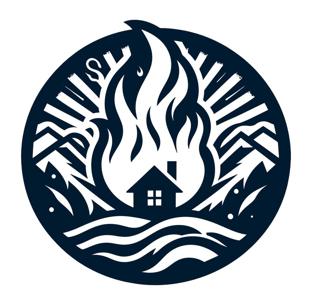 A house with flames and mountains in the background vector