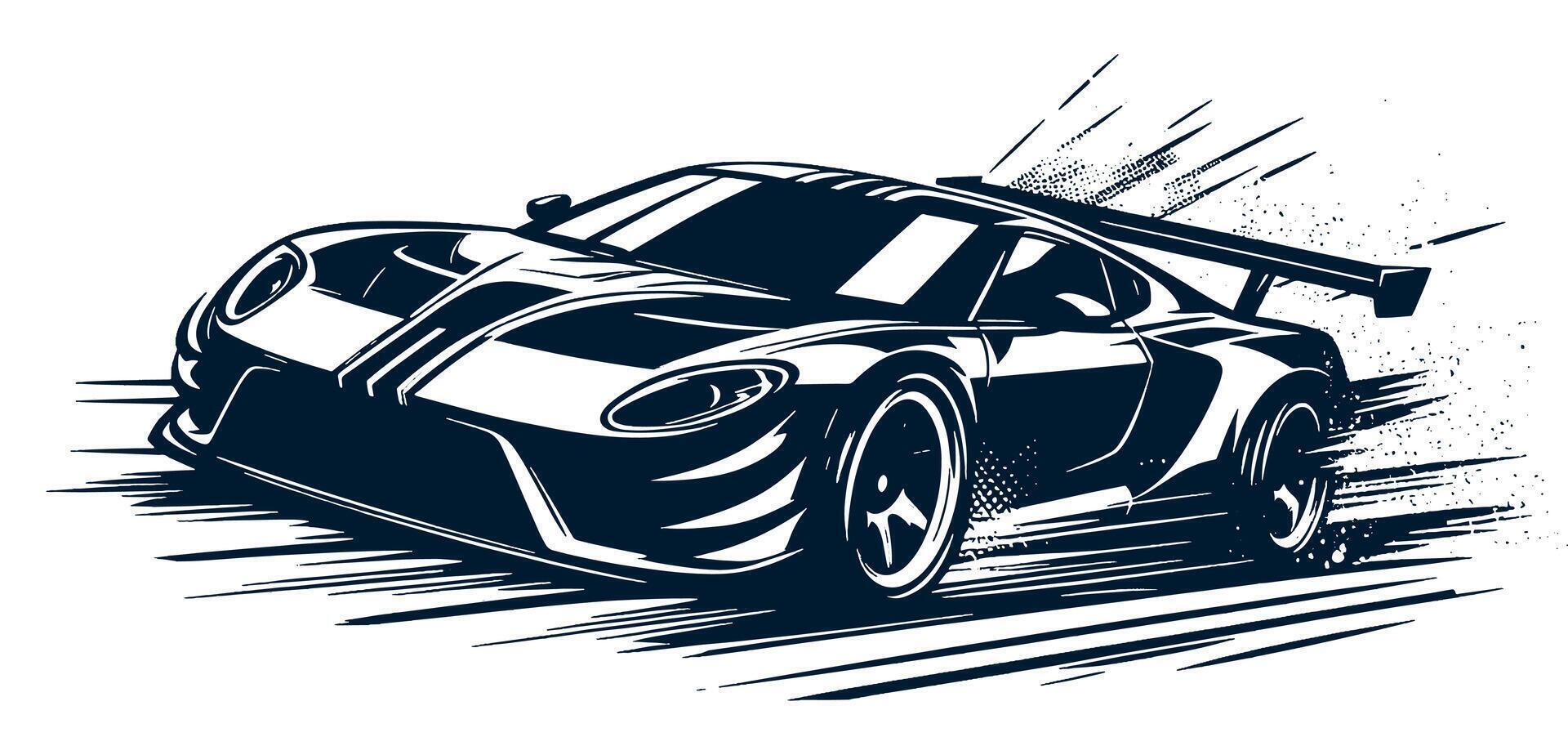 A racing car is shown in black and white vector