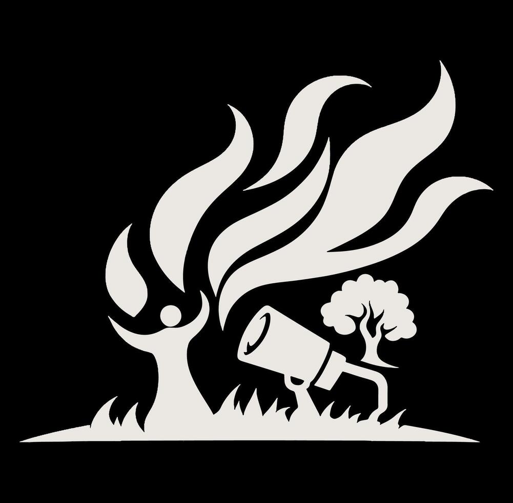 A white logo with a fire and a man holding a torch vector