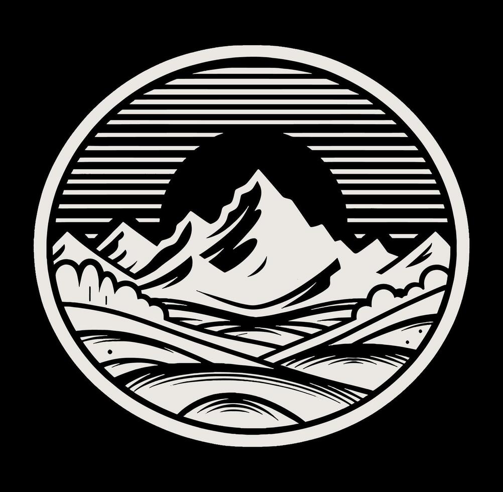 A black and white logo of mountains with a sun vector