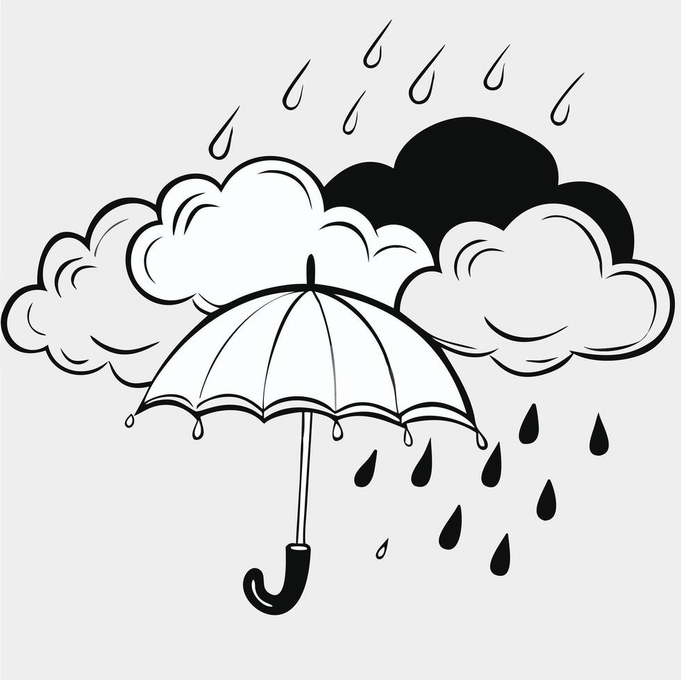 Black and White Simple Line Drawing Rainy Day with Open Umbrella vector