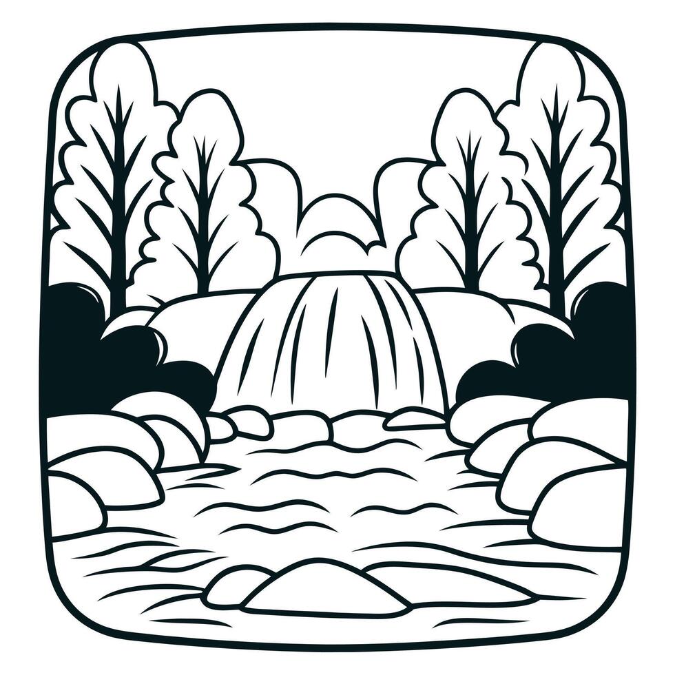 Calming Nature Scene Waterfall, River, Trees, Rocks, and Plants in a Peaceful Setting vector