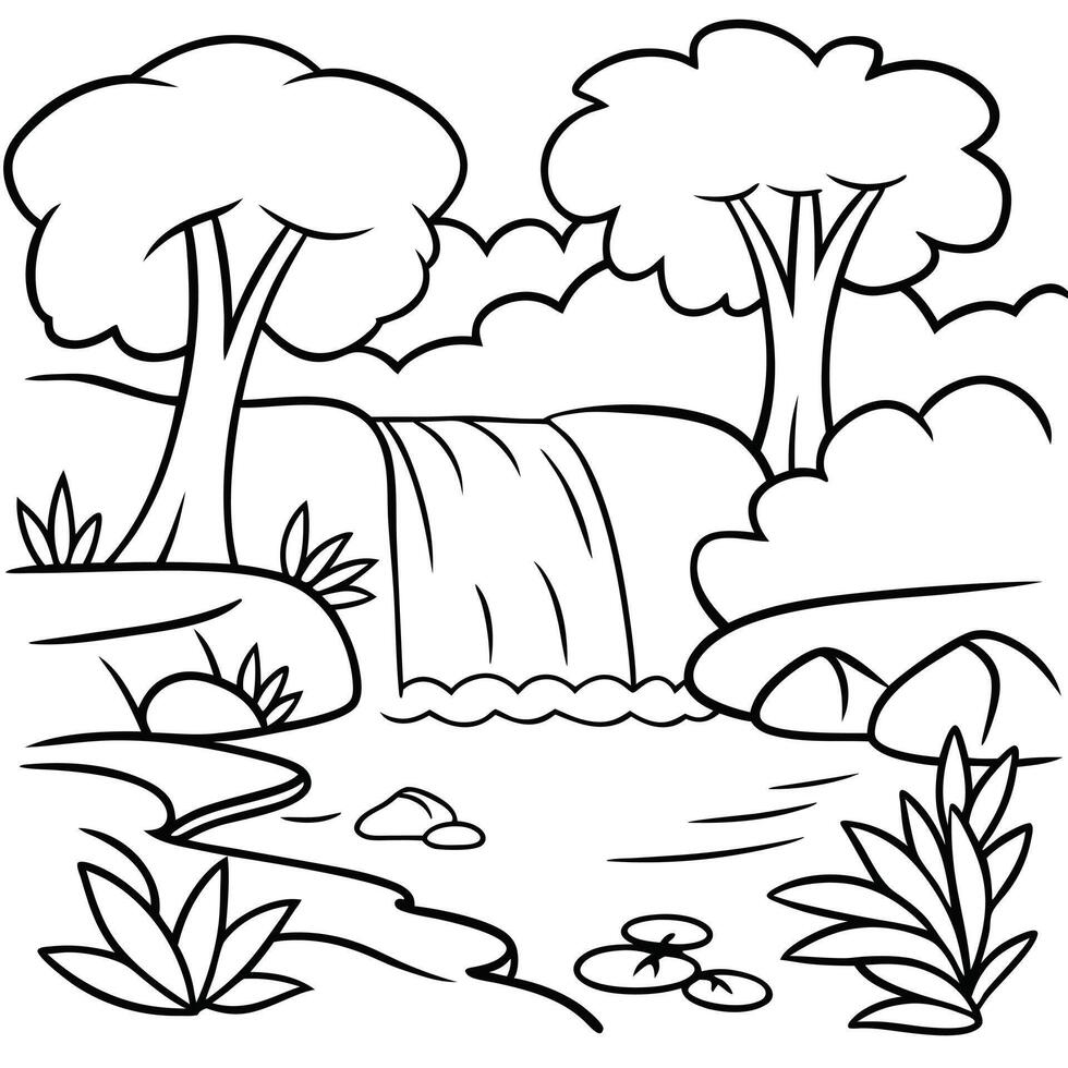 Nature Scene with Waterfall, Trees, River, Rocks, and Plants Peaceful Landscape Illustration vector