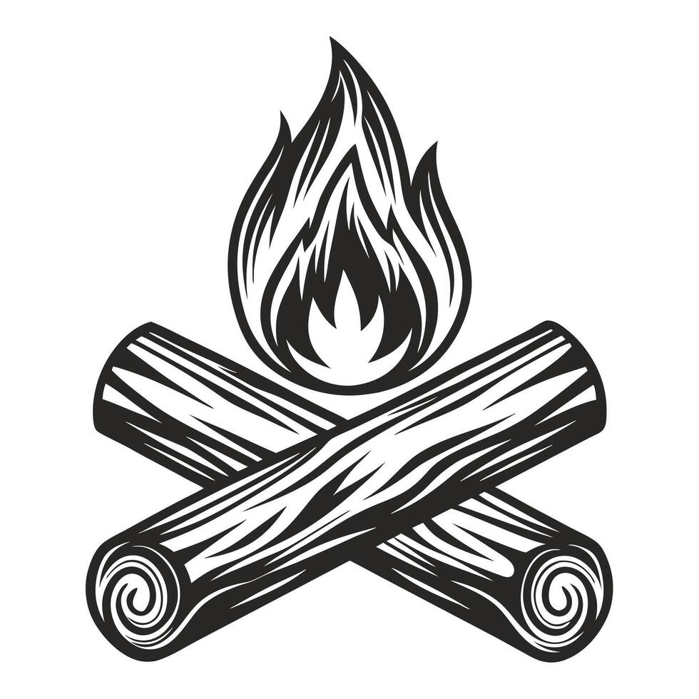 Classic Campfire Drawing Black and White Illustration with Firewood vector
