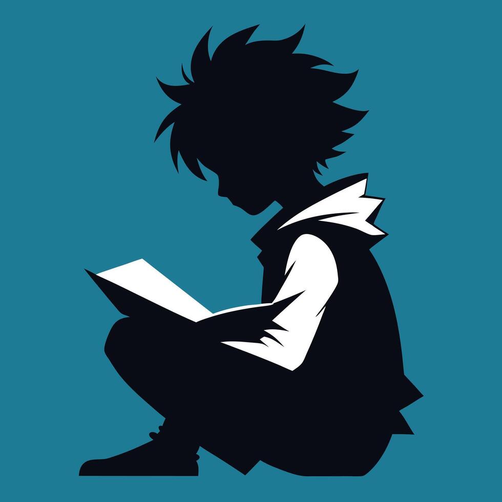 Black and White Child Reading Silhouette Seated Figure with Book Love vector