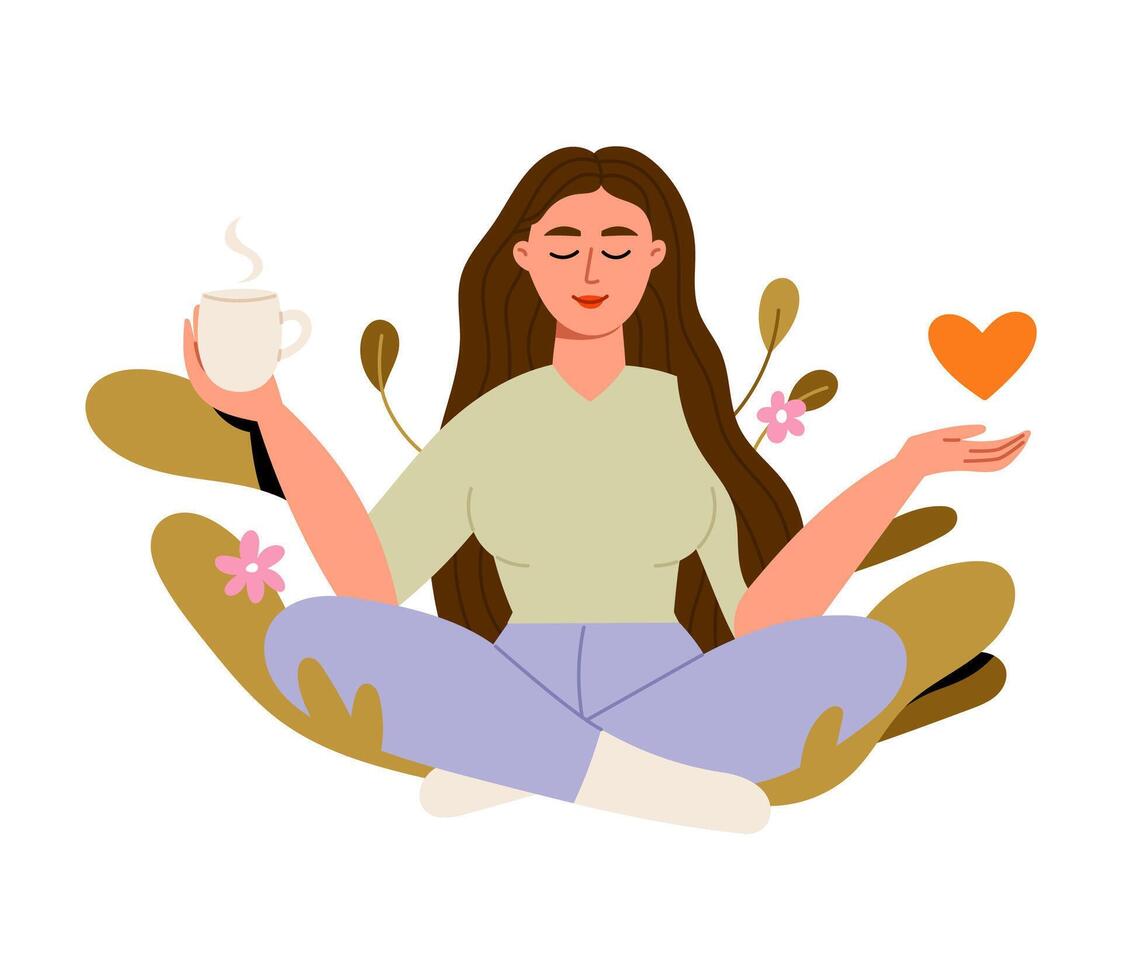 Calm woman in lotus position holding cup of tea and heart. Mental health and self care concept. Flat illustration isolated on white background. vector