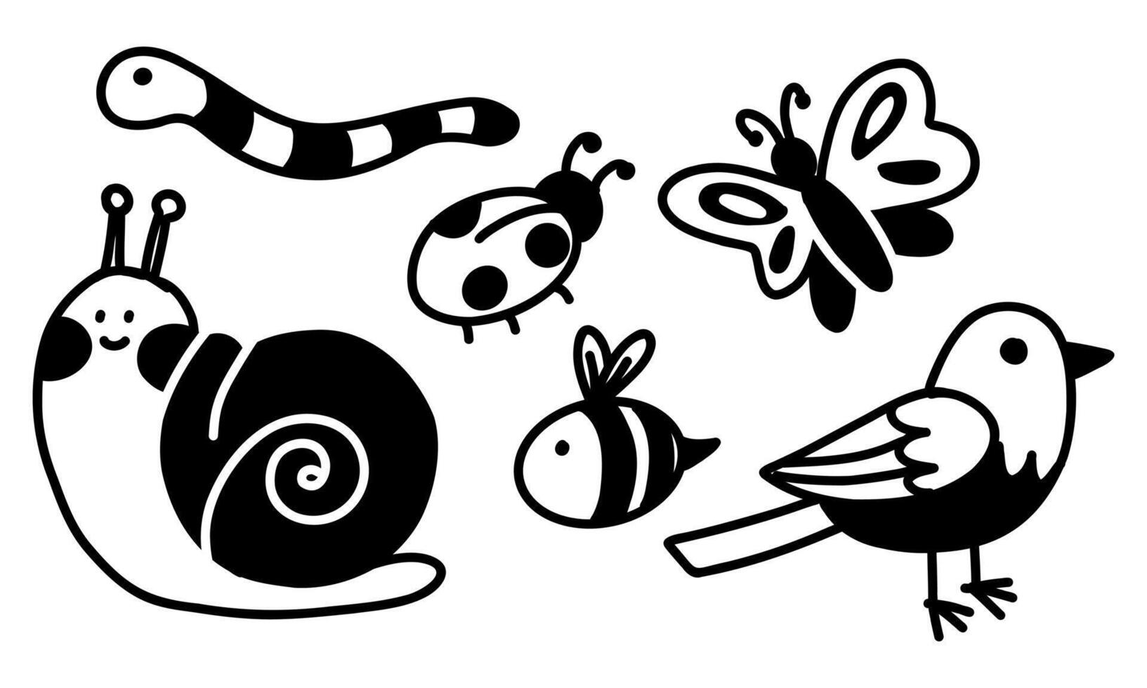 A set of cute insects, a flat doodle. Butterfly, bird, ladybug, bee, snail, worm. illustration isolated on a white background. Animal and Bird Collection monochrome vector