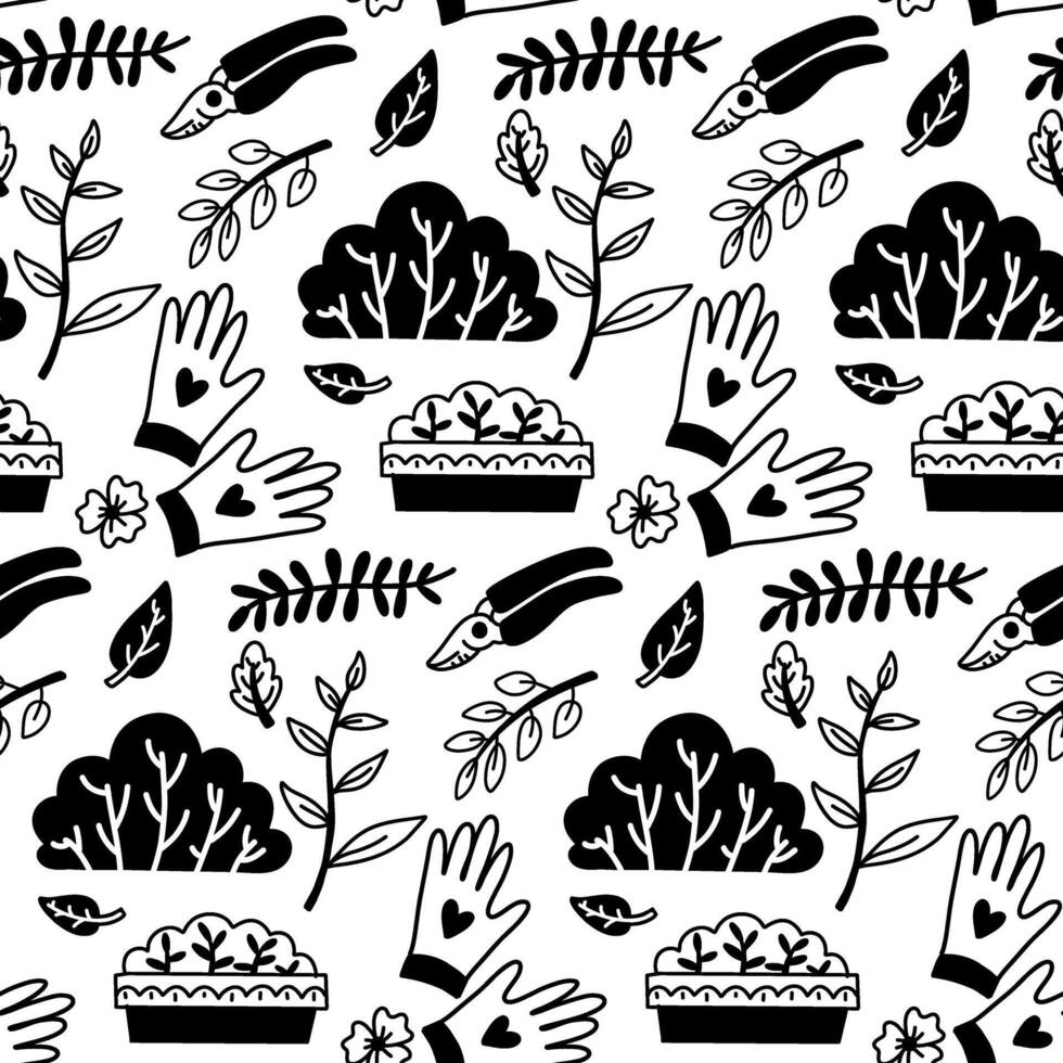 pattern of garden bushes, leaves, and pruning shears. Plant care. Spring, garden. Isolated illustration on a white. Monochrome illustration in form of flat drawings. Texture of plants for the garden vector