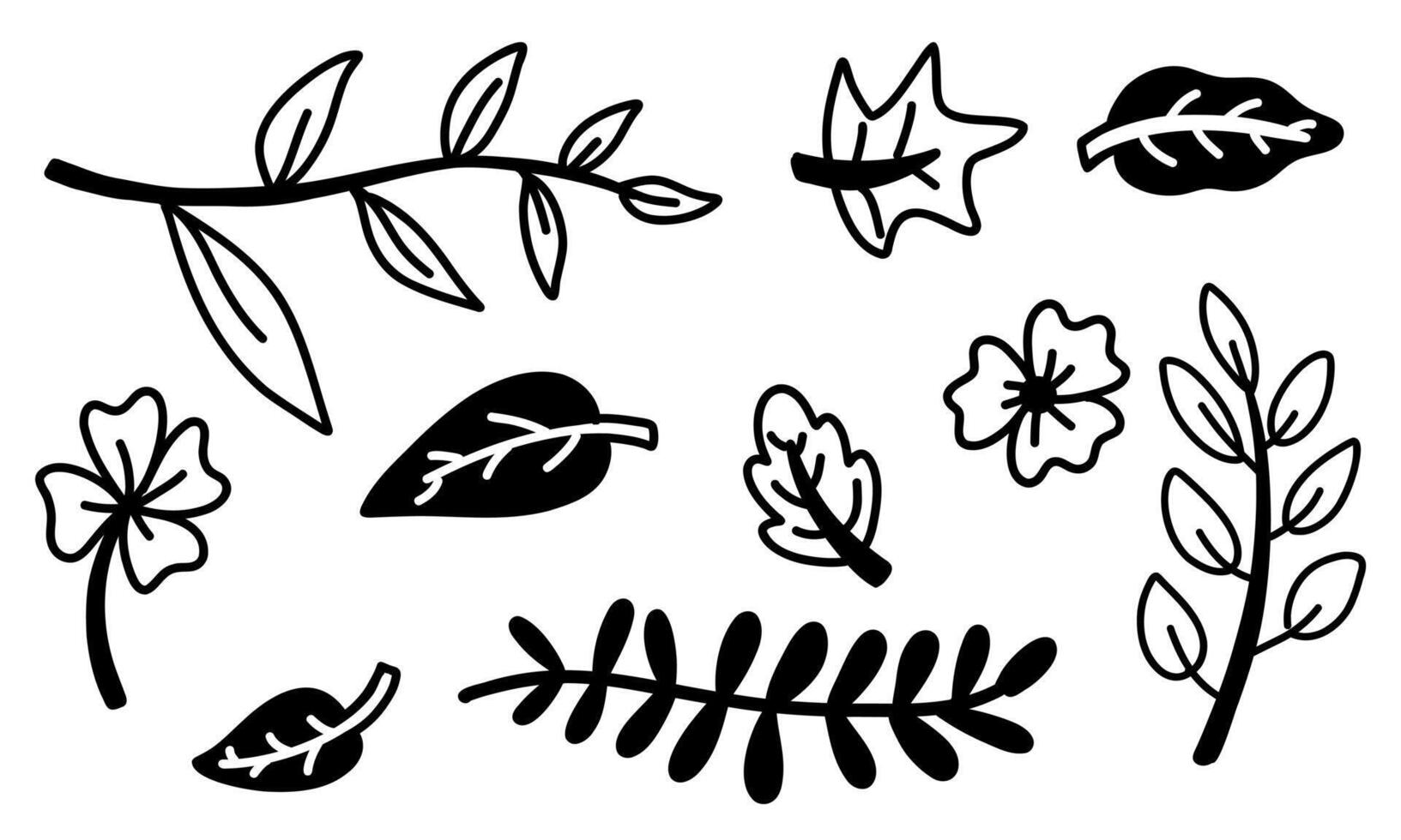 A variety of leaves, twigs and flowers. Flat monochrome doodle illustration. elements on a white background. Autumn and spring foliage. Garden illustration, garden maintenance vector