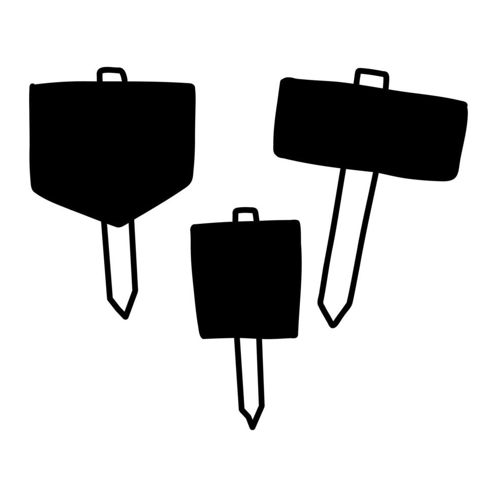 set of signs on garden plugs. Monochrome black flat doodle illustration isolated. Signs for inscriptions. Ideal for projects related to gardening, ecology, organic farming and outdoor lifestyle vector