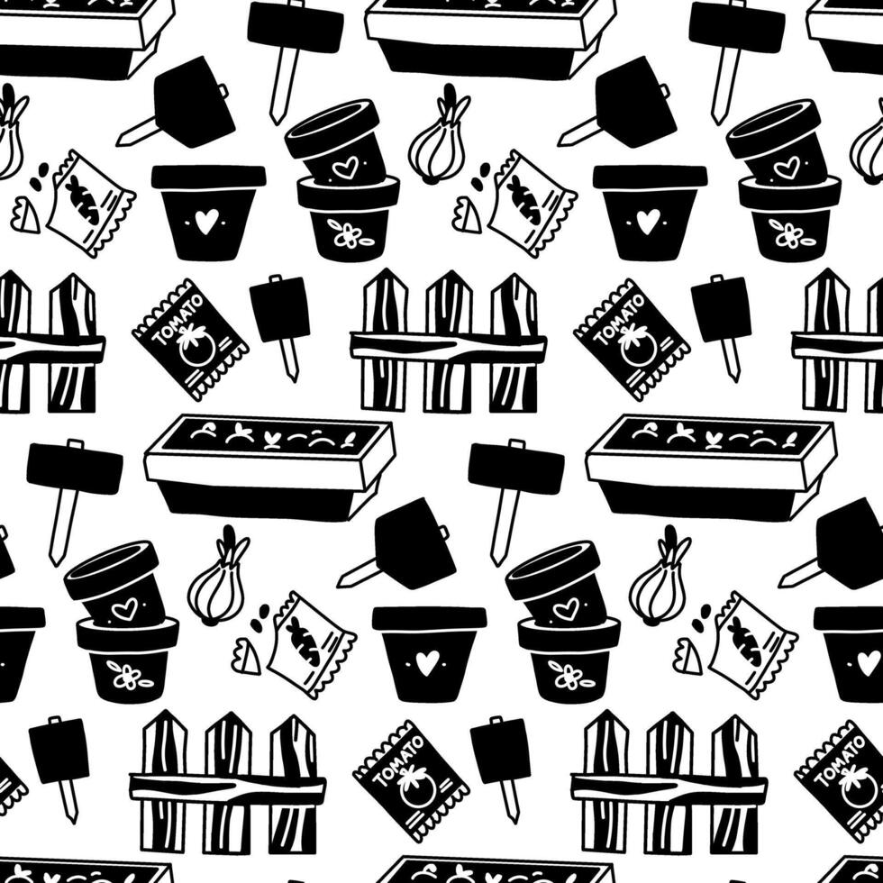 pattern of garden tools and potted plants highlighted on a white background for watering. Monochrome illustration in texture. Items for transplanting indoor plants. Seamless Garden Packaging vector