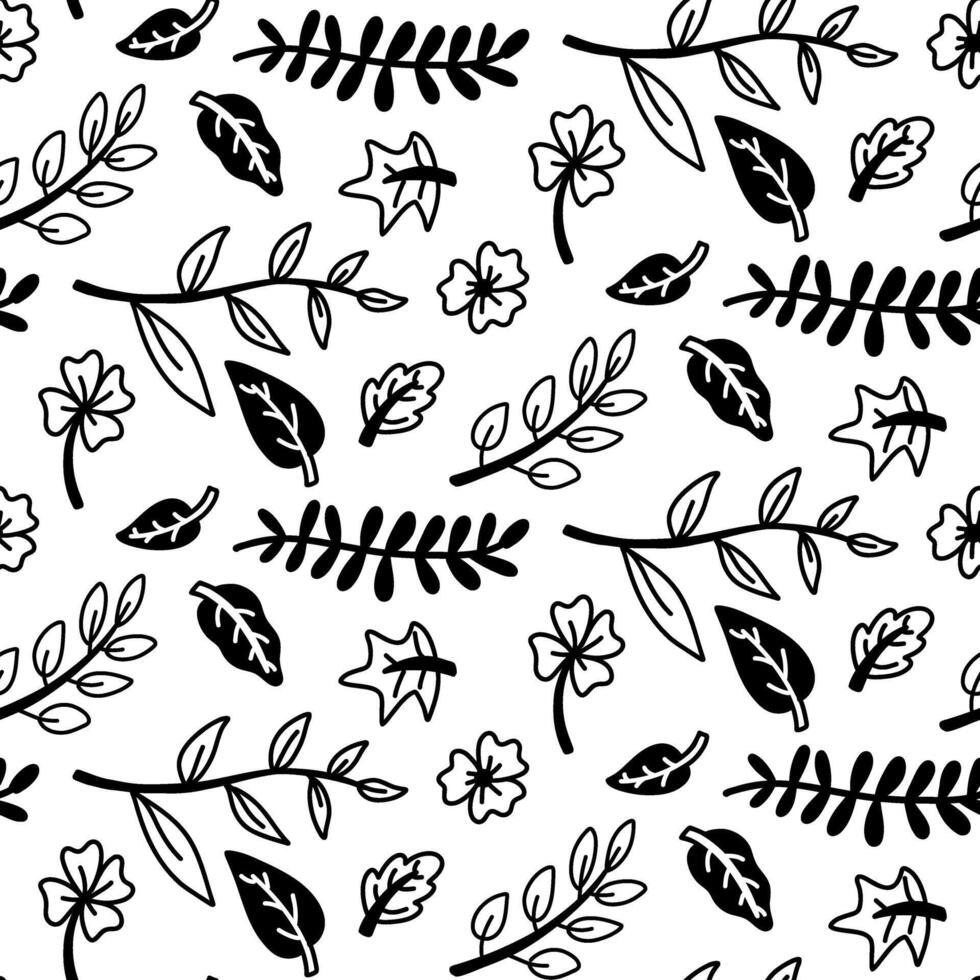 pattern of various leaves, twigs and flowers. Flat monochrome illustration in form of doodles. elements in a seamless texture. Autumn and spring foliage. Garden illustration, garden maintenance vector